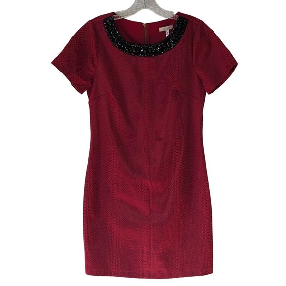 HALO short sleeve red snakeskin‎ beaded neckline sheath career Dress size M - Picture 6 of 11